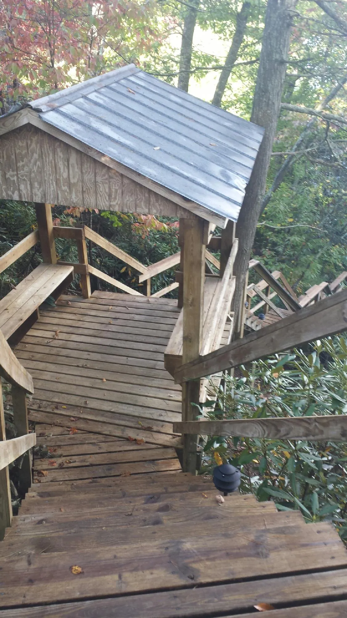 Metal roofed shelter over wooden steps on a wooded walkway — Skylight Repair & Installation work by our crew in Aspinwall